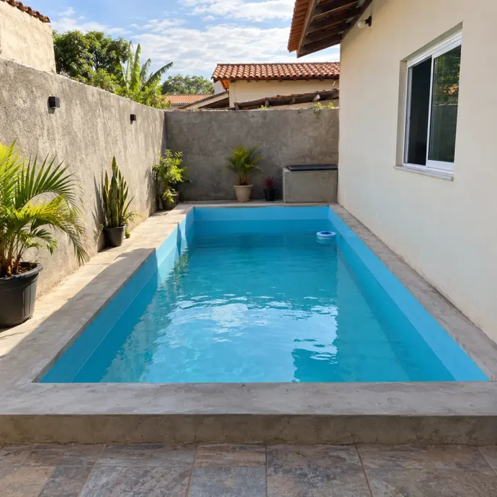 Piscina pequena de alvenaria num quintal estreito