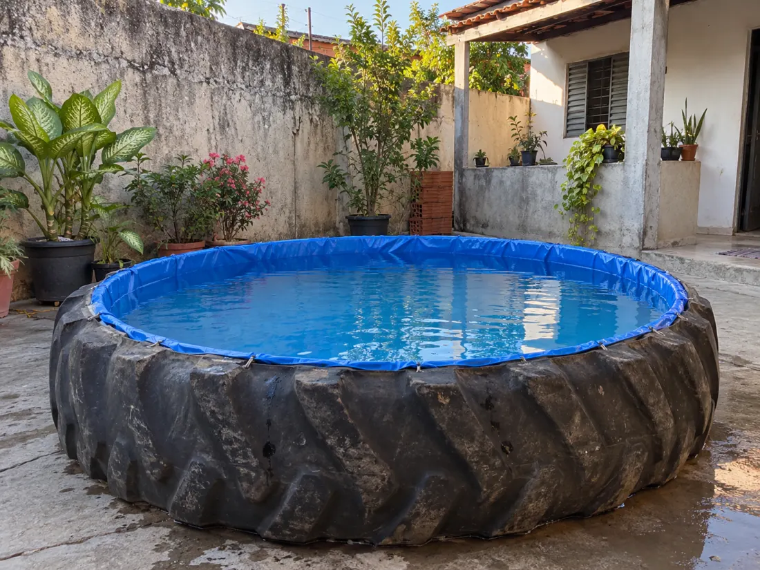 Imagem ilustrativa de piscina rasa feita com pneu de trator