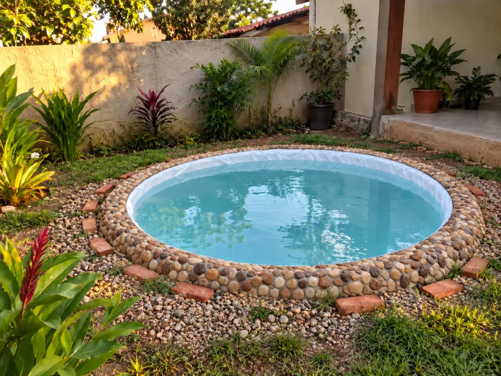 Piscina de pneu de trator rente ao chão, com pedrinhas coladas na borda e lona branca
