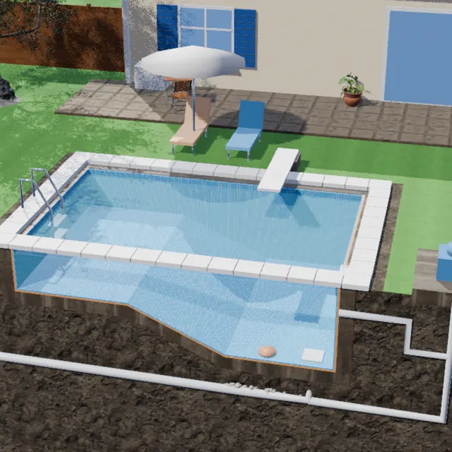 Desenho 3D em corte de uma piscina pronta com deck e trampolim